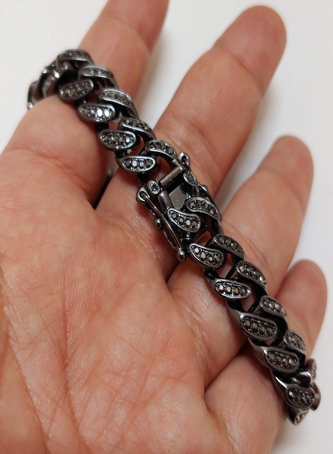 BLINGFACTORY Hip Hop Iced Black Hematite 12mm 8.5" Iced Box Lock Miami Cuban Chain Bracelet - Image 2